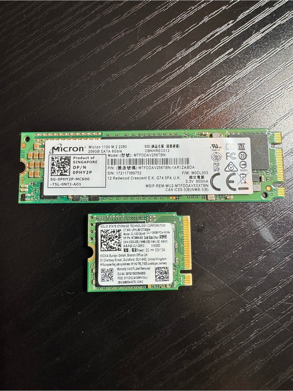 Micron 1100 256GB M.2 SATA SSD + Kioxia 128GB M.2 2230 NVMe SSD Lot